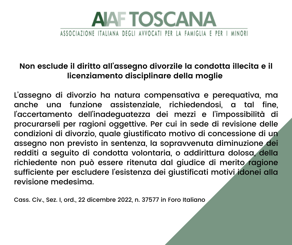 RASSEGNA GIURISPRUDENZIALE Non esclude il diritto all'assegno divorzile la condotta illecita e il licenziamento disciplinare della moglie 